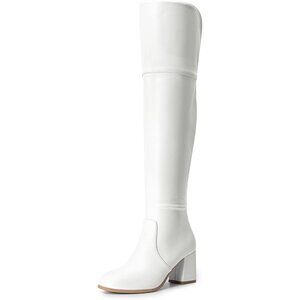 Women's White-pu Faux Suede Thigh High Block Heel Over The Knee Pointed Boots